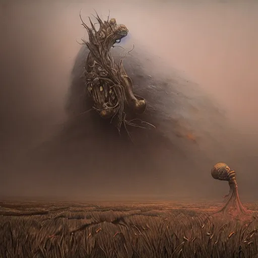 Image similar to Realistic creatue of Zdzisław Beksiński .concept art, wide angle shot, oriental fantasy, Peter Mohrbacher, insanely detailed and intricate, golden ratio, hypermaximalist, matte painting, cinematic, cgsociety, James jean, Brian froud, ross tran,octane render , unreal engine , hyper realistic , 8k render , octane render