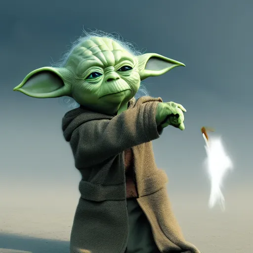 Image similar to Yoda smacking a seagull with a stick, hyperdetailed, artstation, cgsociety, 8k