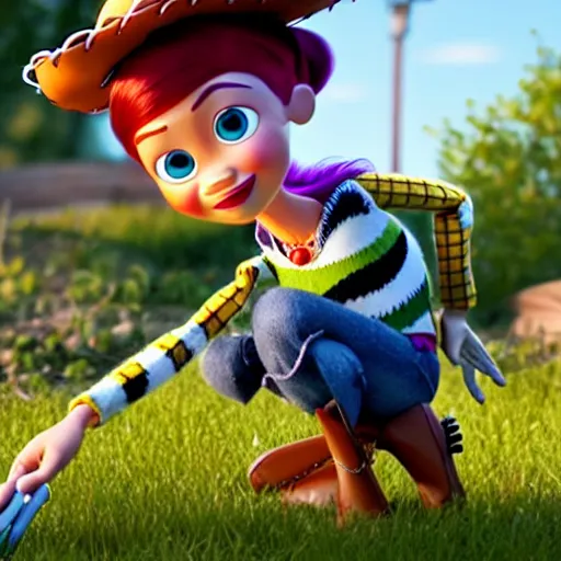 Prompt: a pixar 3 d character, a beautiful and mad canadian woman, on her knees, pulling weeds out frantically, some grey hair, stripey pants, octane render, 8 k, toy story,