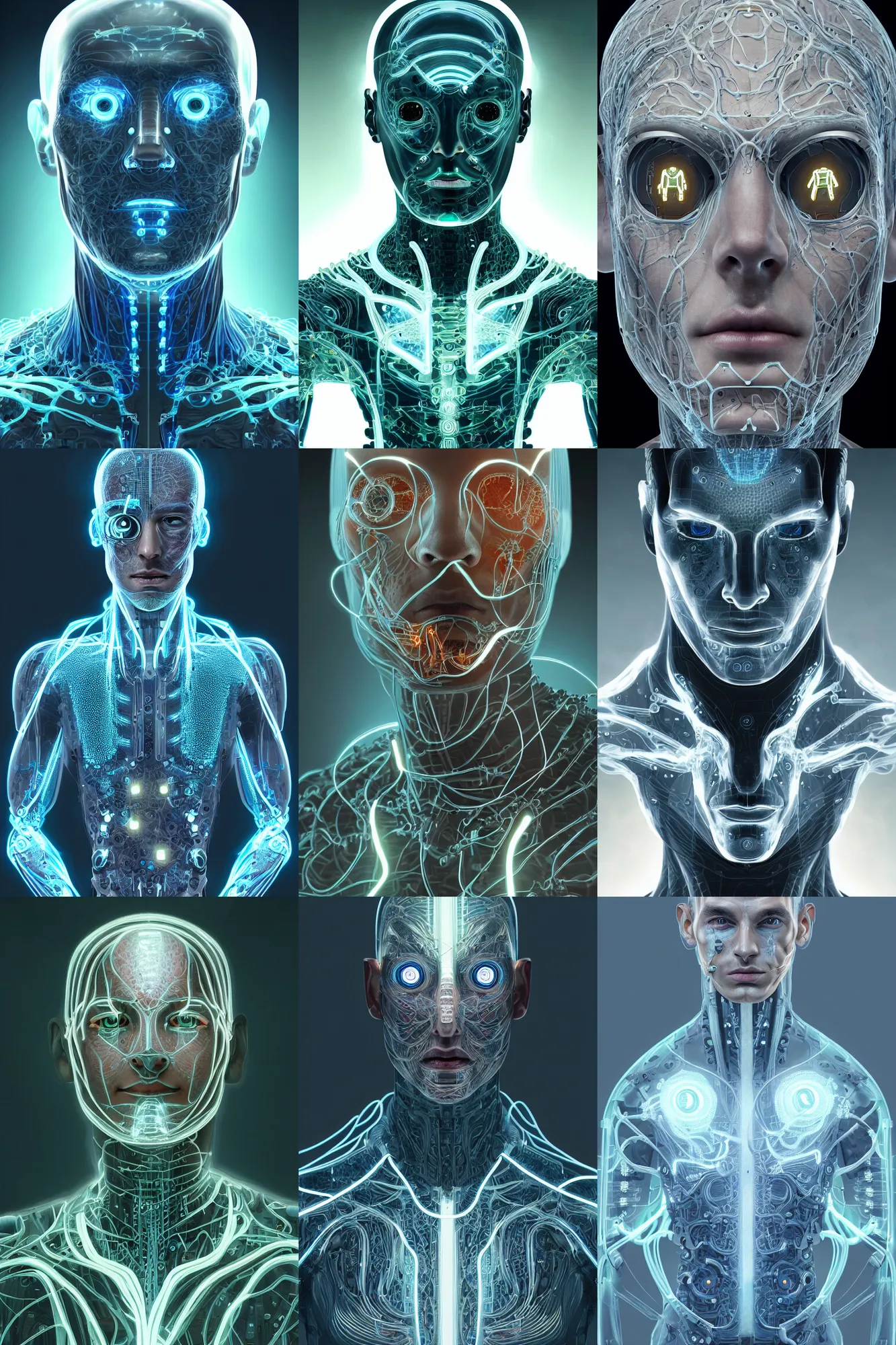 Prompt: organic cyborg man. young. handsome. synthetic skin. glowing cybernetics. human face. intricate. diffuse lighting. scifi. bioluminescence. highly detailed. semi-realistic. digital painting by Sung Choi and Sebastian Bąkała and Furio Tedeschi