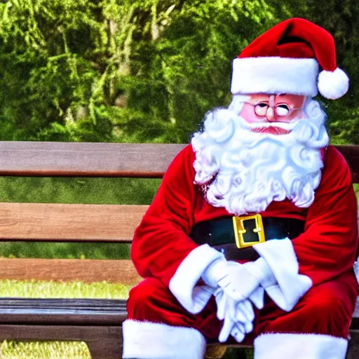 Prompt: santa spotted sitting on a bench at the park