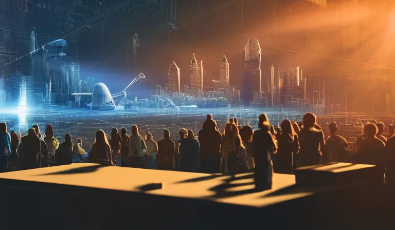 Image similar to crowd of people in simple warehouse, looking at hologram of futuristic city on a table, cinematic concept art, godrays, golden hour, natural sunlight, 4 k, clear details, tabletop model buildings, center model buildings, hologram center, crane shot, crane shot, crane shot