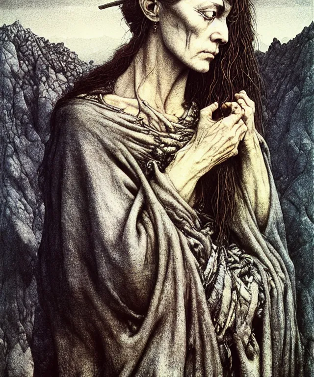 Prompt: A detailed gray-eyed woman with the head of a fish stands among the mountains with a pebble in hands. Wearing a ripped mantle, robe. Extremely high details, realistic, fantasy art, solo, masterpiece, art by Zdzisław Beksiński, Arthur Rackham, Dariusz Zawadzki