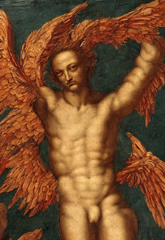 Image similar to a fresco renaissance painting of a greek god with firey wings looking down oil on canvas detailed.