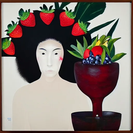 Image similar to “art in an Australian artist’s apartment, portrait of a woman wearing black silk cloth, eating luscious fresh raspberries and strawberries and blueberries, white wax, edible flowers, Japanese pottery, Australian native flannel flowers ikebana, black walls, acrylic and spray paint and oilstick on canvas”