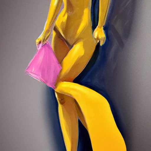 Prompt: a photo of a woman wearing a yellow dress with one leg exposed, the woman is barefoot, detailed body structure, detailed face with pink lips and blue eyes, highly detailed, high contrast, beautiful lighting, award winning, trending on art station, 8 k,