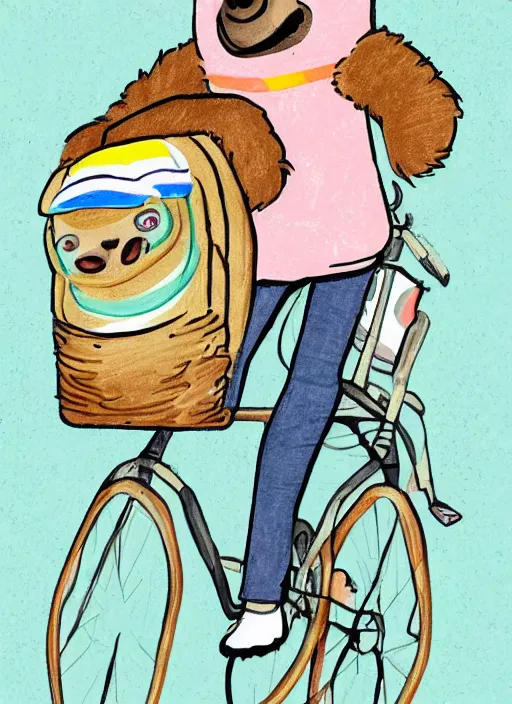 Image similar to drawing of a sloth urban outfitters style riding a bike going to the beach