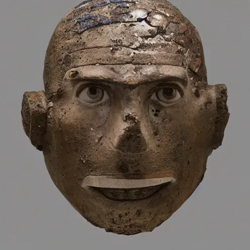 Image similar to an extremely ancient ironman bust that is tarnished and covered in sediment from uncovered earth expedition, rare photograph, smithsonian,