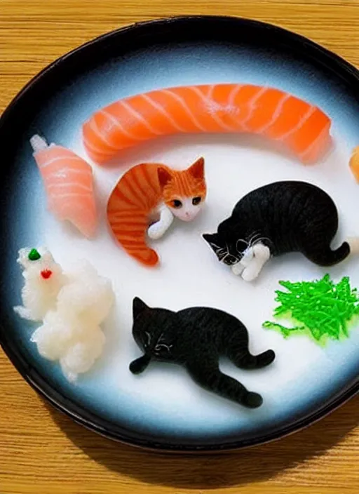 Image similar to clear surrealist painting of tiny adorable cats made from sushi rice, sitting on sushi plates with sushi, garnish, wasabi and soy sauce