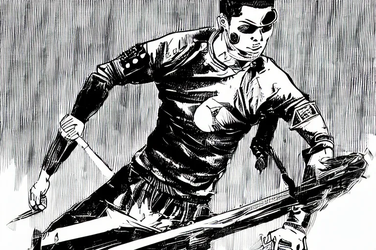 Image similar to cristiano ronaldo taking a penalty shot, a page from cyberpunk 2 0 2 0, style of paolo parente, style of mike jackson, adam smasher, johnny silverhand, 1 9 9 0 s comic book style, white background, ink drawing, black and white