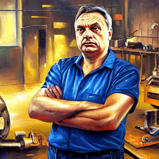 Image similar to viktor orban in a metal workshop, oil painting