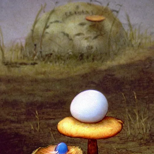 Image similar to toadstool with a fried egg cap. illustation by beatrix potter