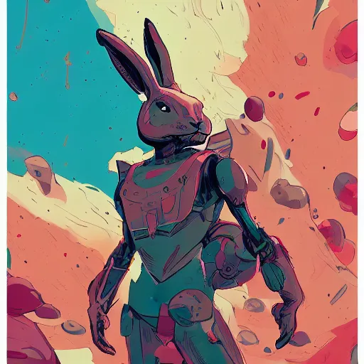 Prompt: an anthropomorphic rabbit robot with human characteristics, comic digital art, epic composition, fantasy, explosion of color, highly detailed, in the style of jake parker, in the style of conrad roset, swirly vibrant colors, sharp focus - n 4