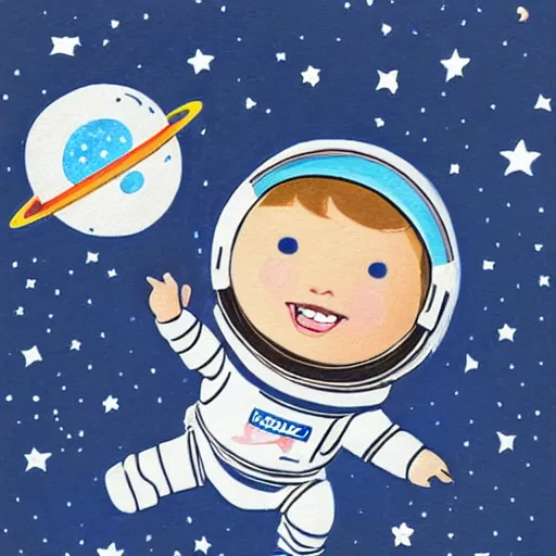 Prompt: a cute little girl with a round cherubic face, blue eyes, and short wavy light brown hair smiles as she floats in space with stars all around her. she is an astronaut, wearing a space suit. beautiful cartoon painting with highly detailed face by quentin blake and greg rutkowski
