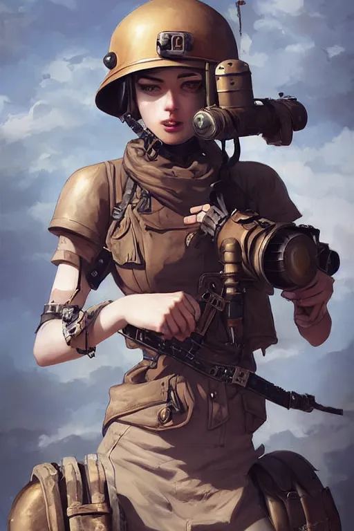 Prompt: dieselpunk soldier girl, helmet, shoulders, chest, portrait, desert, armored, highly detailed, sharp focus, art, illustrations by wlop and ayanamikodon and irakli nadar and loish and rossdraws