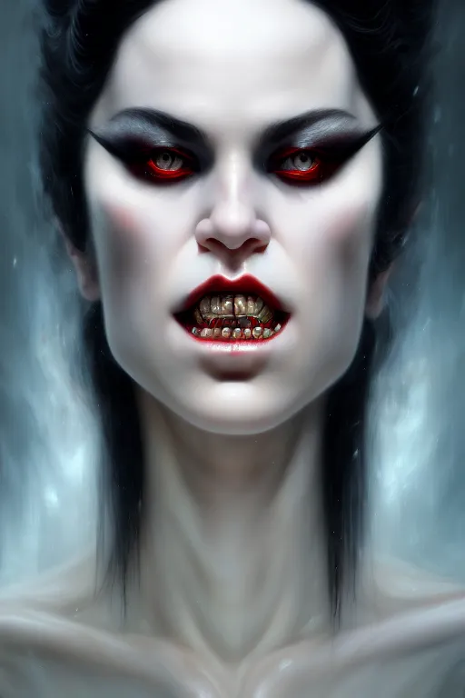 Image similar to a portrait of a sharp fang white pale skin devil with black eyes by karol bak, james jean, tom bagshaw, rococo, sharp focus, trending on artstation, cinematic lighting, hyper realism, octane render, 8 k, hyper detailed, vivid, ultra detailed, highly detailed