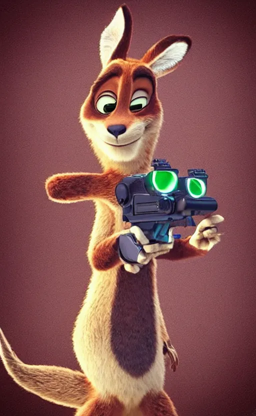 Image similar to “kangaroo in the style of the movie zootopia holding a laser gun and pointing it at the the camera”