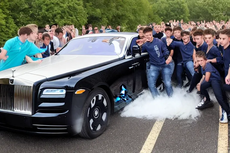 Prompt: Group of teenagers push Rolls-Royce into lake