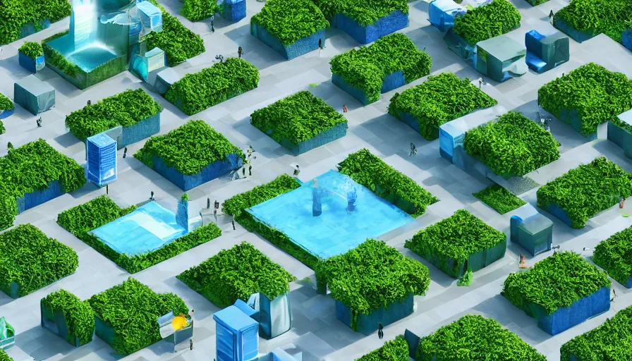 Prompt: crowded green square with fountain surrounded by huge blue glass buildings, sunny day, volumetric light, ground view, hyperdetailed, artstation, cgsociety, 8 k