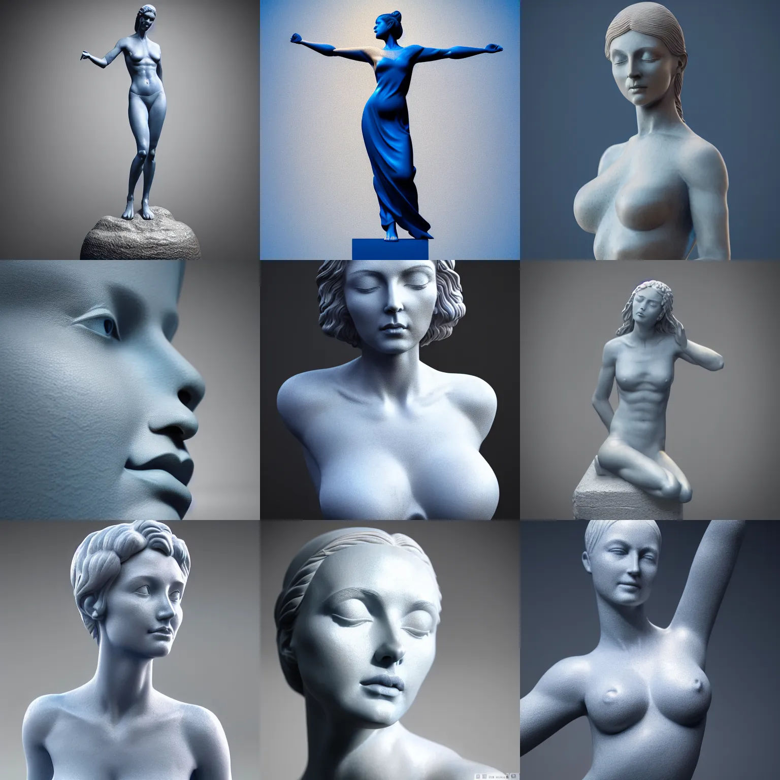 Prompt: statue of a perfect woman, sandstone, silver, blue steel, soft!!, ( desgined by apple ), studio photo, octane render, studio lights, macro lens