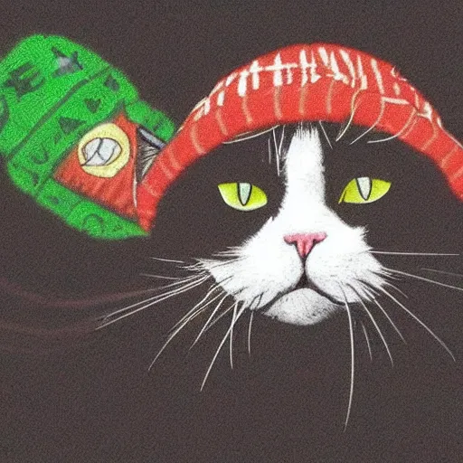 Prompt: a cat smoking weed and wearing a beanie, very stoned and tired