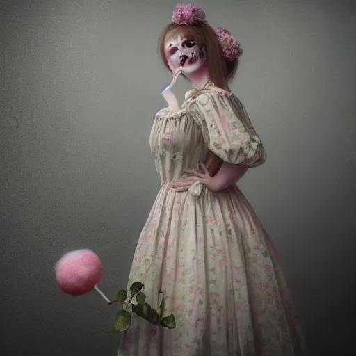 Prompt: 8 k, octane render, realism, tonalism, renaissance, rococo, baroque, cotton candy, portrait of a creepy young lady wearing long 7 0 s babydoll dress with flowers and skulls