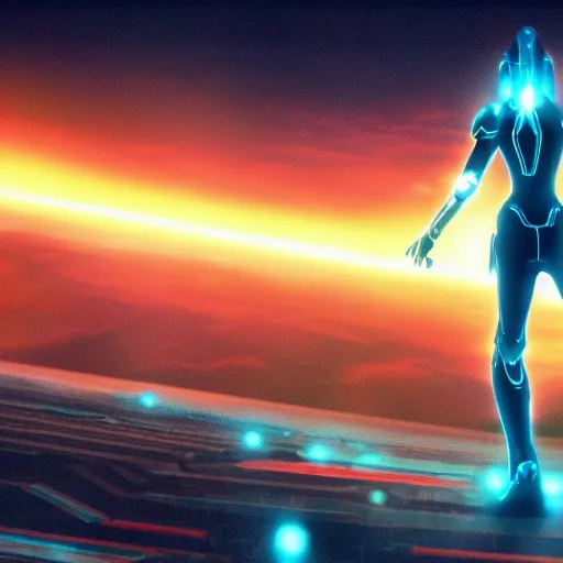 Image similar to Samus Aran standing on a desolate planet, Tron: Legacy (2010) style, movie still, official media, 4k HD