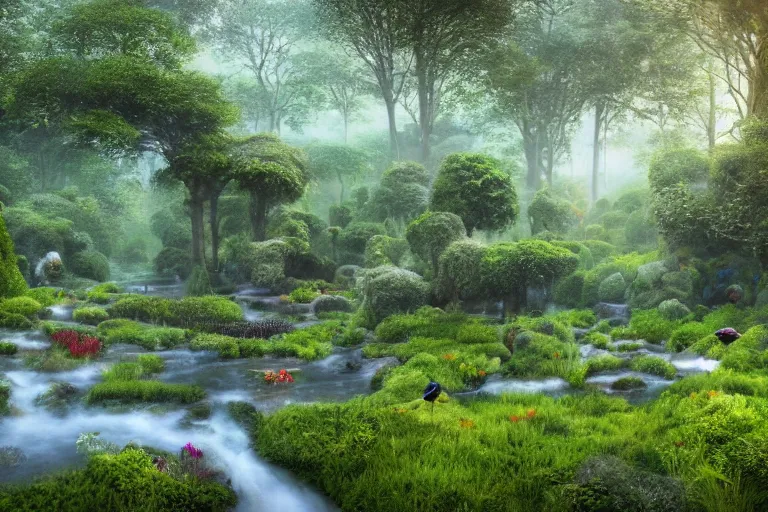 Prompt: hyper realistic detailed render of a vast heavenly garden of peace, wide eden filled with surreal trees, stone slab, colourful wild flowers, moss sheds, fern towers, a girl painting at a distance, small stream or puddles, birds singing, early morning mild lighting, trending on artstation, volumetric lighting, hyper realistic, hyper detailed, high quality render