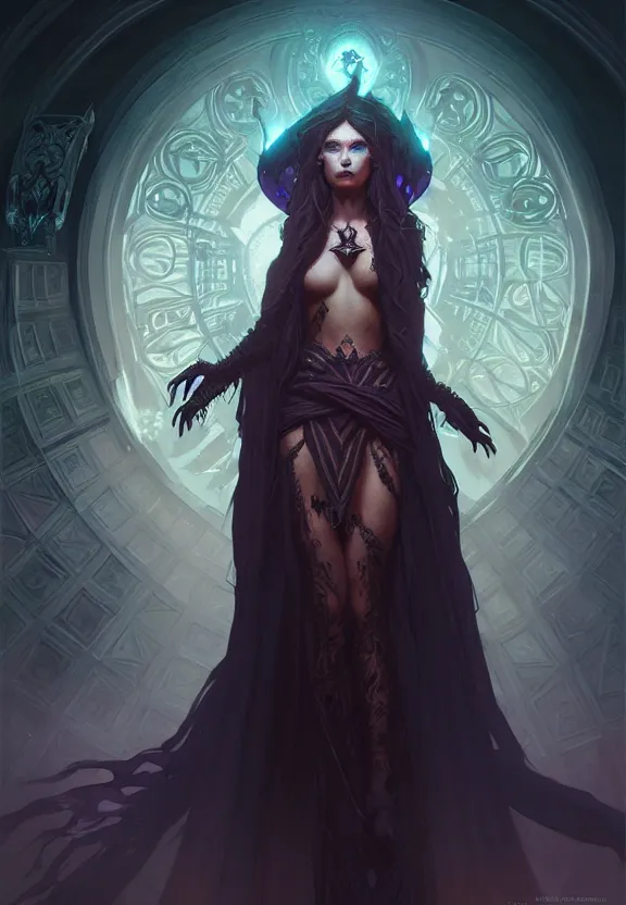 Image similar to Necromancer Sorceress in center, fantasy magic, undercut hairstyle, dark light night, intricate, elegant, sharp focus, illustration, highly detailed, digital painting, concept art, matte, art by WLOP and Artgerm and Greg Rutkowski and Alphonse Mucha, masterpiece