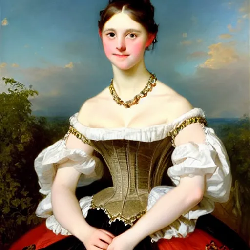 Image similar to portrait of a german teenage princess, circa 1 8 5 0 by franz xaver winterhalter, highly detailed, beautiful, oil on canvas, 1 8 5 0 s, romanticism