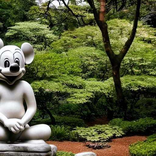 Prompt: marble statue of mickey mouse meditating in a rococo japanese garden