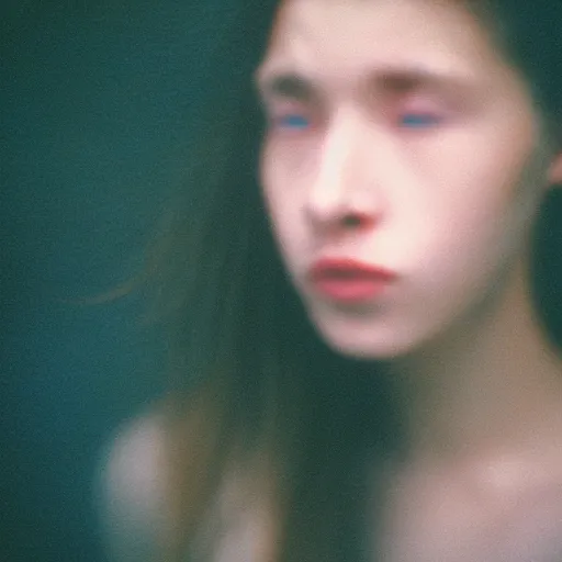 Image similar to a close-up of a woman’s face captured in low light with a soft focus. She’s devastated and crying, knowing she’s hopeless, cinestill 800t, 4k