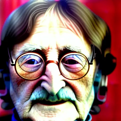 Image similar to A colored colorized real photograph of old John Lennon as an old man in his eighties with short hair in the 2010s, Old John Lennon, taken in the early 2020s, taken on a 2010s Camera, realistic, hyperrealistic, very realistic, very very realistic, highly detailed, very detailed, extremely detailed, detailed, digital art, trending on artstation, headshot and bodyshot, detailed face, very detailed face, very detailed face, real, real world, in real life, realism, HD Quality, 8k resolution, intricate details, colorized photograph, colorized photo, John Lennon as an old man with short hair, old, old man