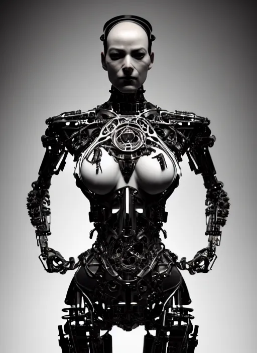 Prompt: organic cyborg full frontal torso close-up, black plastic, diffuse lighting, fantasy, intricate, elegant, highly detailed, lifelike, photorealistic, digital painting, artstation, illustration, concept art, smooth, sharp focus, art by John Collier and Albert Aublet and Krenz Cushart and Artem Demura and Alphonse Mucha