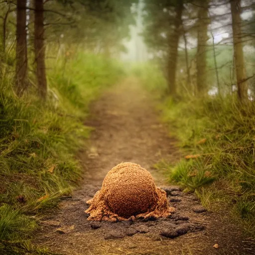 Prompt: closeup of a cow shit in the middle of the path, excrement, pinewoods, avila mountains, grim fantasy, emotional, eos r 5, f / 2. 5, illustration, concept art, award winning photograph, 8 k, alphonse mucha style, no background, nobody