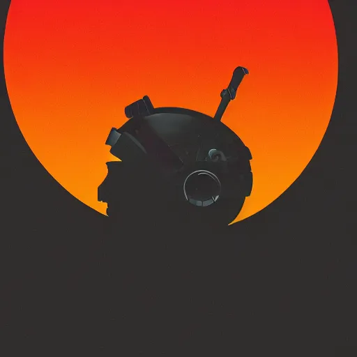 Prompt: in the style of max prentis and deathburger and laurie greasley a silhouette of a young explorer wearing a cyberpunk headpiece sitting on the head of a giant robot watching the sunset in the distance, highly detailed, 8k wallpaper