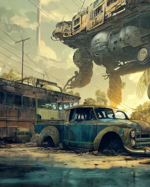 Prompt: fallout 5, tropical coastal city, desolate, dilapidated, abandoned retro futuristic vintage car and truck, buses, illustration, perfectly shaded, oft painting, art by krenz cushart and wenjun lin
