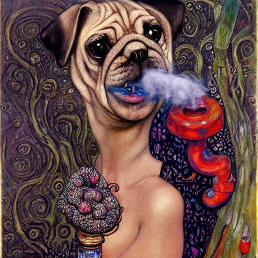 Image similar to pug caterpillar hybrid smoking hooka in wonderland, intricate detail, painting, jazz age, klimt, royo, frazetta, whealan,