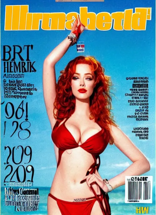 Image similar to christina hendricks and amber heard hybrid on the cover of swimsuit illustrated 1 9 9 0,