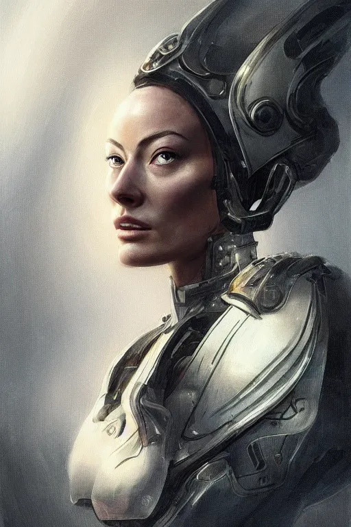 Prompt: a finely detailed portrait of Olivia Wilde, clothed in futuristic battle armor, olive skin, long dark hair, beautiful bone structure, symmetrical facial features, intricate, elegant, digital painting, trending on Artstation, concept art, smooth, sharp focus, illustration, from Metal Gear by Ruan Jia and Mandy Jurgens and Artgerm and and william-adolphe bouguerea, award winning