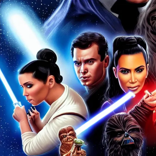 Image similar to super detailed star wars movie poster with ben shapiro, snooki and kim kardashian, 8k full HD photo, cinematic lighting, anatomically correct, oscar award winning, action filled, correct eye placement,