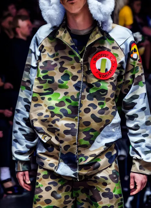 Image similar to hyperrealistic and heavy detailed bape avant garde runway show of movie the fifth element, leica sl 2 5 0 mm, vivid color, high quality, high textured, real life