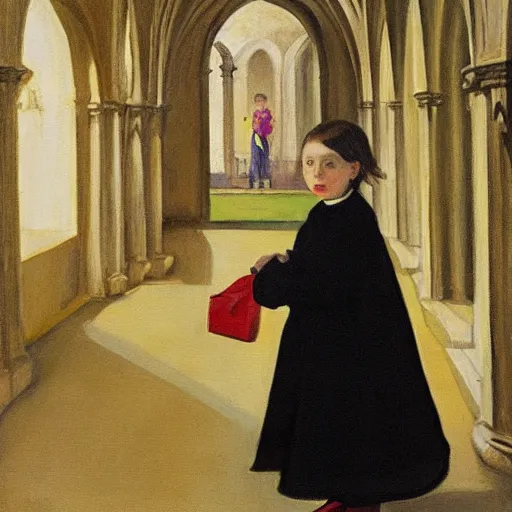 Prompt: a painting of a little girl with black hair and wearing a yellow coat in the middle of a cloister in an abbey by hopper