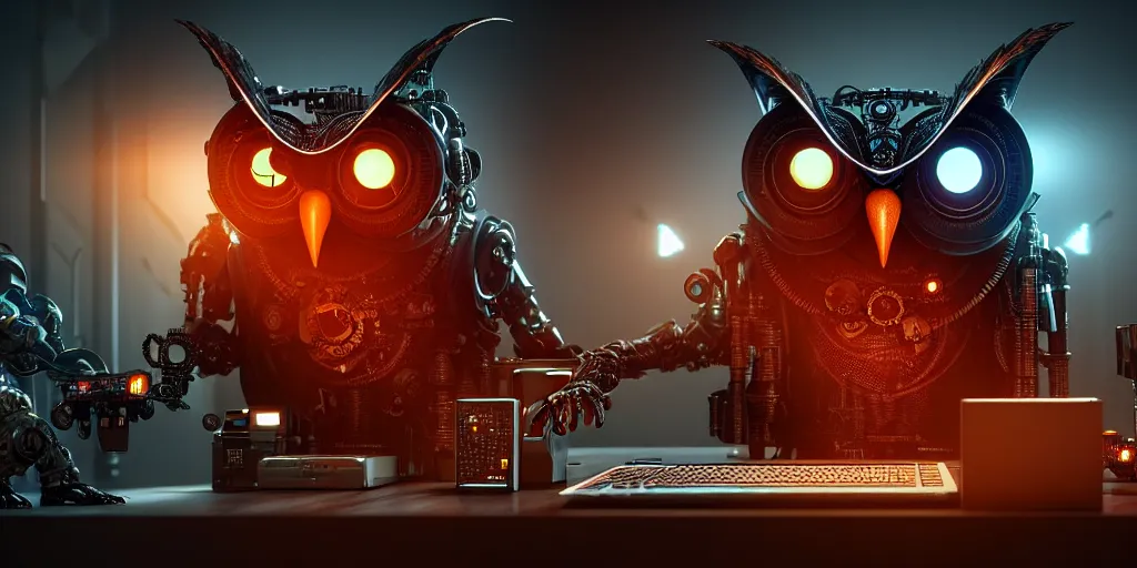 Image similar to an giant evil, malevolent, cyborg owls looking at a computer, surrounded by computer screens. steampunk. this 4 k hd image is trending on artstation, featured on behance, well - rendered, extra crisp, features intricate detail and the style of unreal engine. volumetric lighting octane render