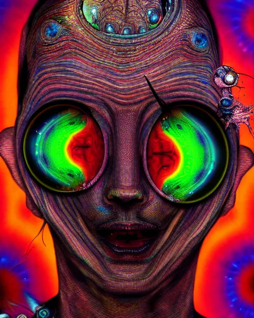 Image similar to realistic portrait of a alien experiment gone wrong, psychedelic, dark art, facing camera, photo realistic, detailed, 1 4 5 0, delicate, hyper realism, ultra realistic, 8 k
