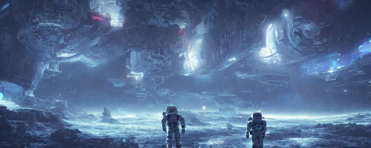 Prompt: lone astronaut exploring outer digital cybernetic planet covered with ice, art by paul lehr, cinematic, detailed, epic, widescreen, opening, establishing, matte painting, photorealistic, realistic textures, octane render