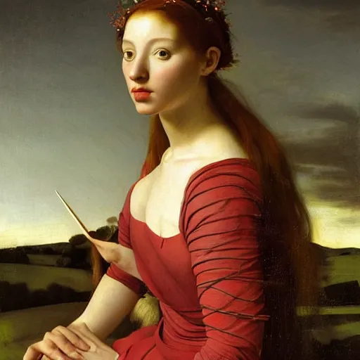 Image similar to a highly detailed, hyper realistic portrait with torso of a red haired young woman, white romantic dress with intricate details, among golden fireflies, long hair, green eyes, hint of freckles, round gentle face, cheeky smile, deep focus, elegant, smooth, sharp, golden ratio, digital painting, art by artemisia lomi gentileschi and caravaggio