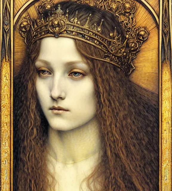 Image similar to detailed realistic beautiful young medieval queen face portrait by jean delville, gustave dore and marco mazzoni, art nouveau, symbolist, visionary, gothic, pre - raphaelite. horizontal symmetry