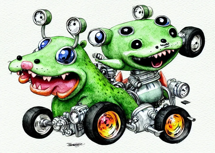 Image similar to cute and funny, quoll riding in a tiny hot rod with oversized engine, ratfink style by ed roth, centered award winning watercolor pen illustration, isometric illustration by chihiro iwasaki, edited by range murata, tiny details by artgerm and watercolor girl, symmetrically isometrically centered