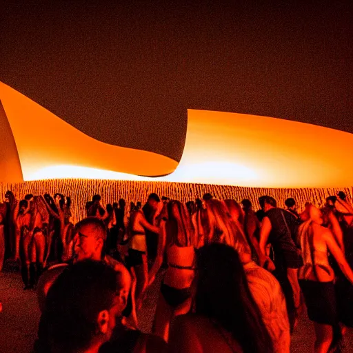 Image similar to dancefloor kismet, revellers, front left speaker, fire, night, the australian desert, zaha hadid, xf iq 4, 1 5 0 mp, 5 0 mm, f 1. 4, iso 2 0 0, 1 / 1 6 0 s, dawn, golden ratio, rule of thirds